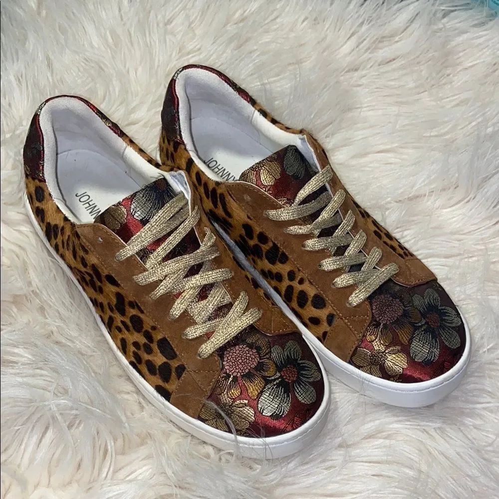 Johnny Was Brown and Gold Sneakers with Floral Design size 8